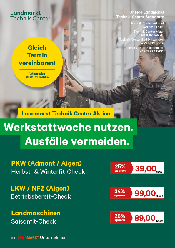 Mitarbeiter des Landmarkt Technik Centers arbeitet in einer Werkstatt an einer Maschine. Im Bild steht: „Landmarkt Technik Center Aktion – Werkstattwoche nutzen. Ausfälle vermeiden.“