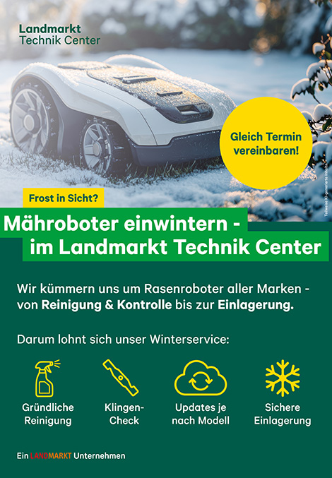Verschneiter Rasenroboter mit Hinweis auf den Winterservice im Landmarkt Technik Center. Angeboten werden gründliche Reinigung, Klingen-Check, modellabhängige Updates und sichere Einlagerung für Rasenroboter aller Marken.