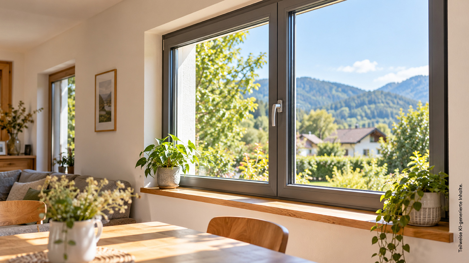 Heller Wohnraum mit modernem Fenster, durch das der Blick auf eine grüne, ländliche Umgebung und bewaldete Berge fällt.