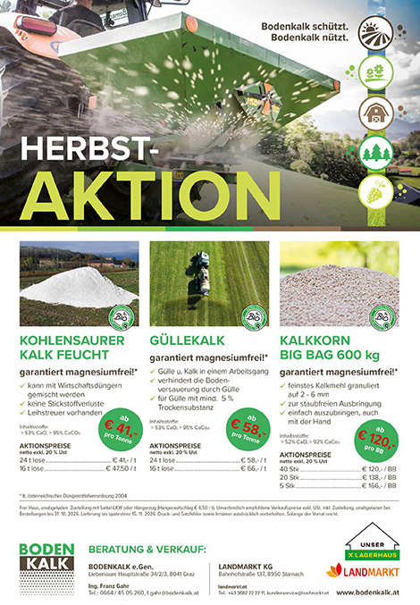 Herbstaktion für Bodenkalk mit drei Produkten: Kohlensaurer Kalk feucht, Güllekalk und Kalkkorn Big Bag. Abgebildet sind die Produkte im landwirtschaftlichen Einsatz sowie Aktionspreise und Hinweise zu den jeweiligen Vorteilen.